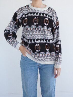 Vintage Croquet Club Cream Brown Nordic Geometric Pattern Knit Sweater